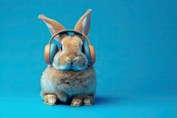 a bunny rabbit wearing headphones isolated on blue background