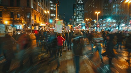 Blurred Motion of a Nighttime City Protest. The image captures the intense energy of a city protest at night, with a protester holding a sign, all in a blur of motion and vibrant city lights.