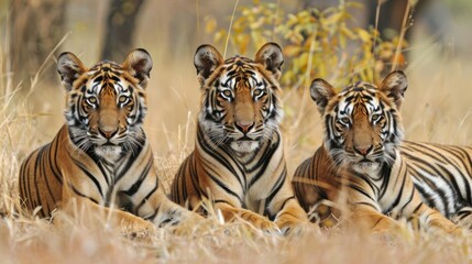 Three Tigers Resting in Autumn Brush. Trio of tigers with striking markings relax in the dry autumn grass, their attentive eyes scanning the surroundings.