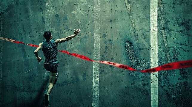 Athlete Crossing Finish Line in Victory. A dynamic image of a runner breaking through the finish line tape, symbolizing achievement and determination in sports. - Powered by Adobe