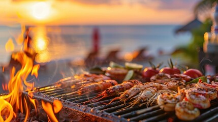 Seafood Grilling Over Open Flames at Sunset Beach. Fresh seafood grills on an open flame with a beautiful sunset over the beach creating a perfect backdrop for a summer barbecue. - obrazy, fototapety, plakaty