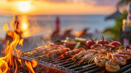 Tissu par mètre Coucher de soleil sur la plage Seafood Grilling Over Open Flames at Sunset Beach. Fresh seafood grills on an open flame with a beautiful sunset over the beach creating a perfect backdrop for a summer barbecue.