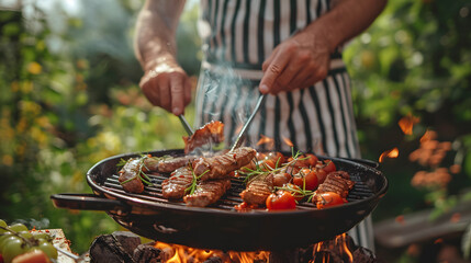 Outdoor barbecue, grill, roasted beef, sausages, summer, sunset, fun, vacation, beer, celebration - obrazy, fototapety, plakaty