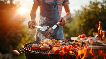 Outdoor barbecue, grill, roasted beef, sausages, summer, sunset, fun, vacation, beer, celebration