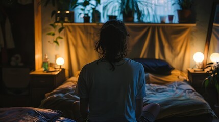 Contemplative Evening in a Cozy Bedroom. A person sits in contemplation in a cozy bedroom filled with warm ambient lighting and lush houseplants, creating a peaceful retreat.