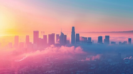 Sunrise Glow Over City Skyline and Fog. The sunrise casts a warm glow over a city skyline, with buildings emerging from a soft blanket of fog.