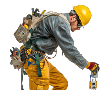 Worker with tool belt. Isolated on a white background.