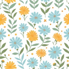 Fototapeta na wymiar Cheerful Floral Seamless Pattern in Chambray Blue and Marigold Yellow.