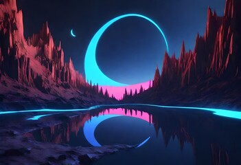 Fantasy night landscape with a crescent moon, a large fault in the earth, a ravine, blue neon. AI...