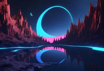 Papier peint Aurores boréales Fantasy night landscape with a crescent moon, a large fault in the earth, a ravine, blue neon. AI Generative 