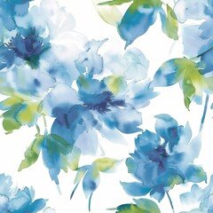 Soft Watercolor Blue Flowers Seamless Pattern.