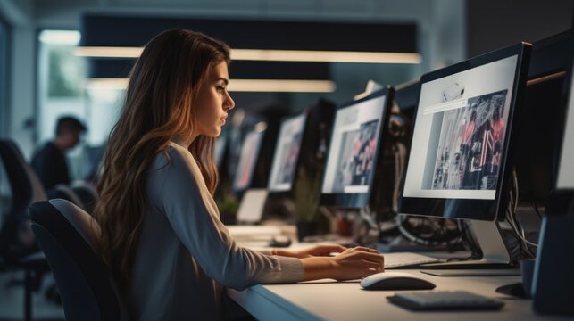 A focused office worker, a beautiful woman graphic designer, Programmer, Cybersecurity engineer, Hacker works at a computer in a modern office.
