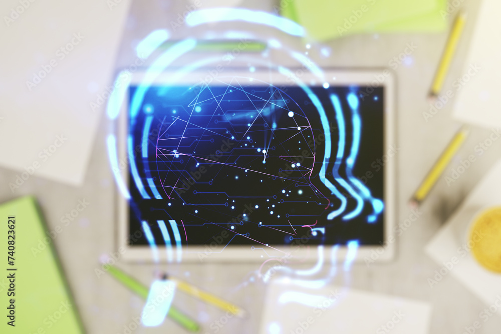 Poster creative artificial intelligence concept with human head sketch and modern digital tablet on desktop