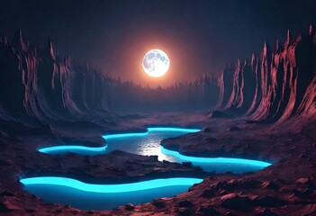 Fantasy night landscape with a crescent moon, a large fault in the earth, a ravine, blue neon. AI Generative 