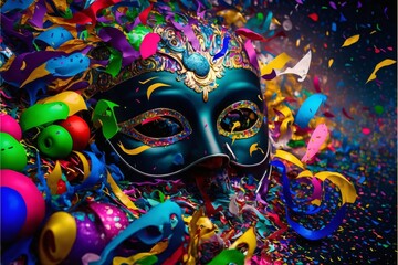 Mask with rich decorations and colorful streamers and confetti. Carnival costumes, masks and decorations.