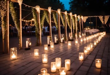 Elements of the wedding decor of the night ceremony. outdoor string lights. Wedding ceremony evening with candles and lamps. Generative AI
