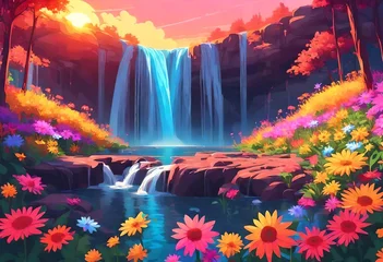Fotobehang Nature Scene Colorful Waterfall and Flowers at Sunset. Generative AI © Ghulam
