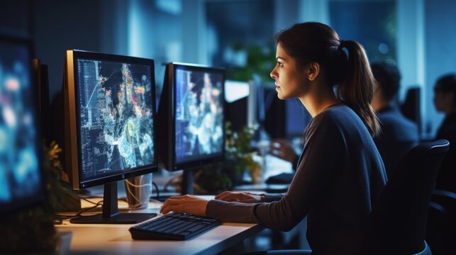 A focused office worker, Programmer, and Cybersecurity Engineer works at a computer in a modern office.