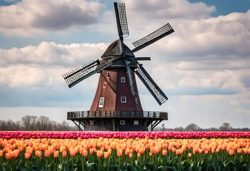 Screenshots\Windmill in Holland Michigan - An authentic wooden windmill from the Netherlands rises behind a field of tulips in Holland Michigan at Springtime. High quality. Generative AI