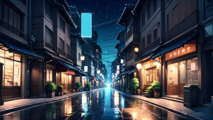 Fototapeta na wymiar beautiful anime-style illustration of a city street at night.