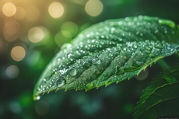 A solitary raindrop rests delicately on the surface of a vibrant green leaf, capturing the essence of tranquility. Its presence highlights the leaf's intricate textures and nature's fleeting moments.
