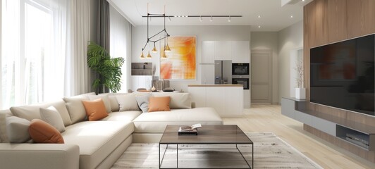 "Modern Living Room and Kitchen Combo: Sleek Design with Neutral Tones and High-Tech Accents"