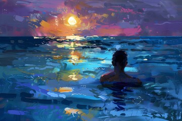 Embracing the Tranquility of an Evening Ocean Swim. Concept Ocean Sunsets, Evening Swims, Water Reflections, Serene Moments, Coastal Beauty