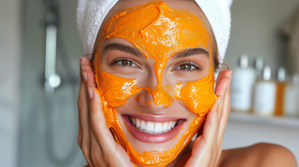 Dewy Skin Perfection, Woman with Brightening Orange Peel Mask. cosmetic shot, beauty industry advertising photo.