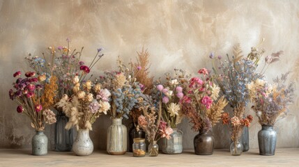 Whimsical Collection of Dried Flowers in Earthy Vintage Vases on Textured Background.