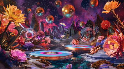 A whimsical scene with a retro disco dance floor floating in a cosmic void