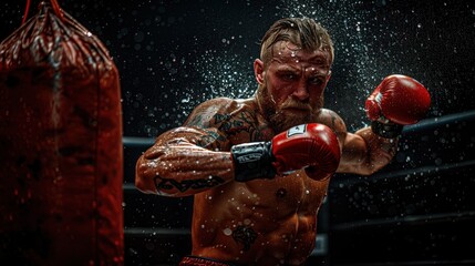 Boxers fight in the boxing ring. - obrazy, fototapety, plakaty