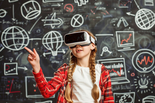 Young woman wearing VR glasses is learning,  Illustration by artificial intelligence