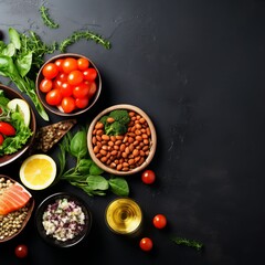 vegetables. Salads. Assortment of healthy food dishes. Top view.