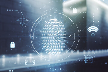 Multi exposure of virtual creative fingerprint hologram on modern business center exterior background, personal biometric data concept