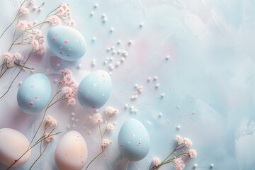 Easter poster and banner template with Easter eggs in a nest on a soft pink background. Selective focus. Layout design for invitation, card, menu, flyer, banner, poster, voucher.