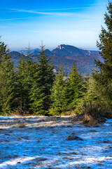 Trzy Korony Massif in early spring. View from pass Rozdziela, Pieniny Mountains. © Yulia