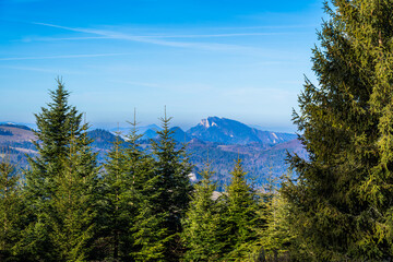Three Crowns Massif in early spring. View from pass Rozdziela, Pieniny Mountains. © Yulia
