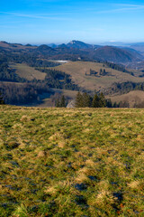 White Water Nature reserve at Three Crowns Massif at background. View from pass Rozdziela, Pieniny Mountains. © Yulia