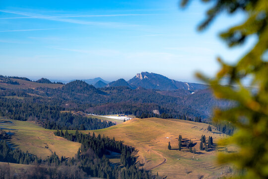 Biala Woda Nature reserve at Three Crowns Massif at background. View from pass Rozdziela, Pieniny Mountains.