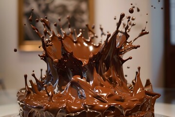 Fototapeta premium Indulgent Beauty: Cascading Chocolate Streams in a Glorious Crown-like Splash. Concept Chocolate Fountains, Food Photography, Creative Styling