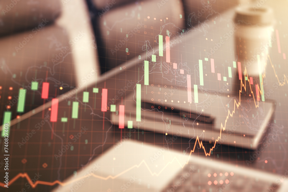Poster Multi exposure of abstract financial graph with world map on modern computer background, financial and trading concept