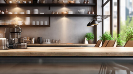 Wooden countertop in modern coffee shop,   mock up