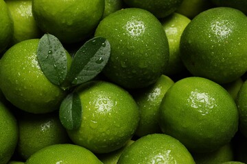 Fresh ripe limes and leaves with water drops as background, top view