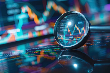 a magnifying glass over a financial data board. financial data concept. business stock financial finance management on analysis data strategy with graph