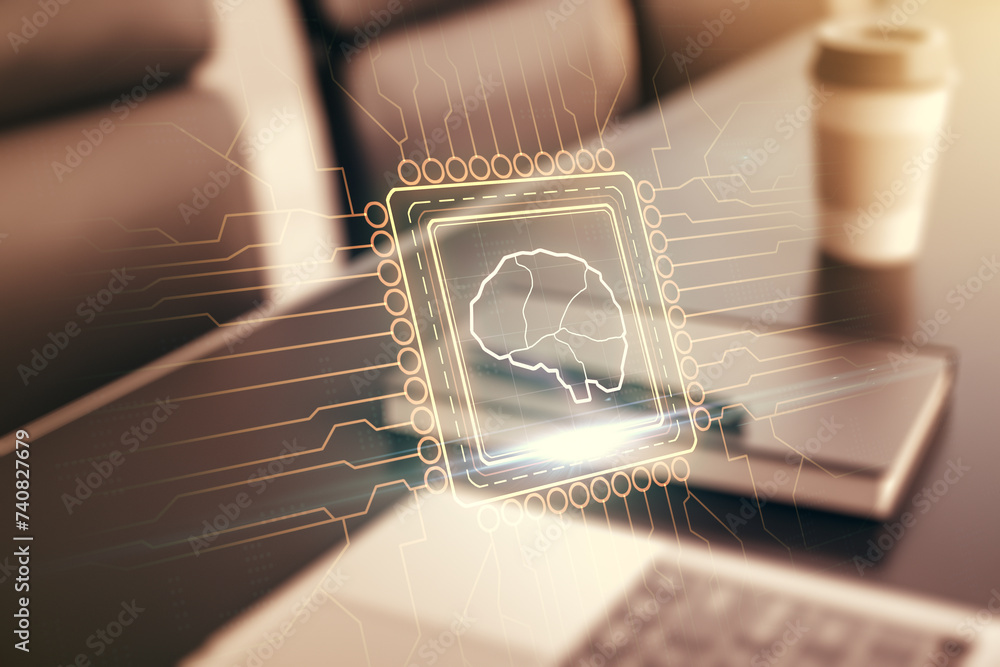 Poster Double exposure of creative human brain microcircuit with computer on background. Future technology and AI concept