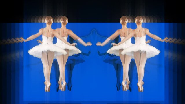 Swan lake ballerinas with pixel sorting gradient effect on dark background, glitch ballet seamless VJ loop