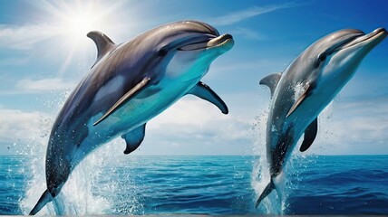 Fototapeta premium dolphins dancing and jumping around the ocean