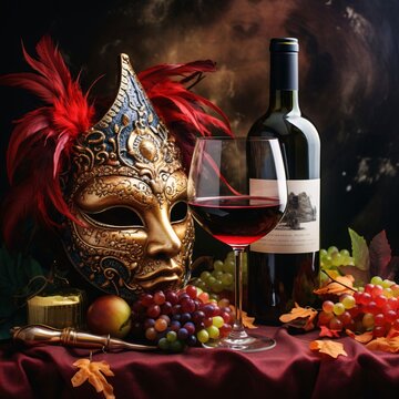 Table with red fabric, grapes, wine, glass and gold carnival mask with decorations. Carnival outfits, masks and decorations.