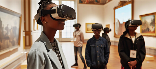 Interactive exhibition of VR art with a group of young students, schoolchildren. Conducting an excursion using innovative technologies and virtual reality gadgets - obrazy, fototapety, plakaty
