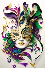 Painted colorful gold carnival mask, Serpentines, feathers on white background. Carnival outfits, masks and decorations.